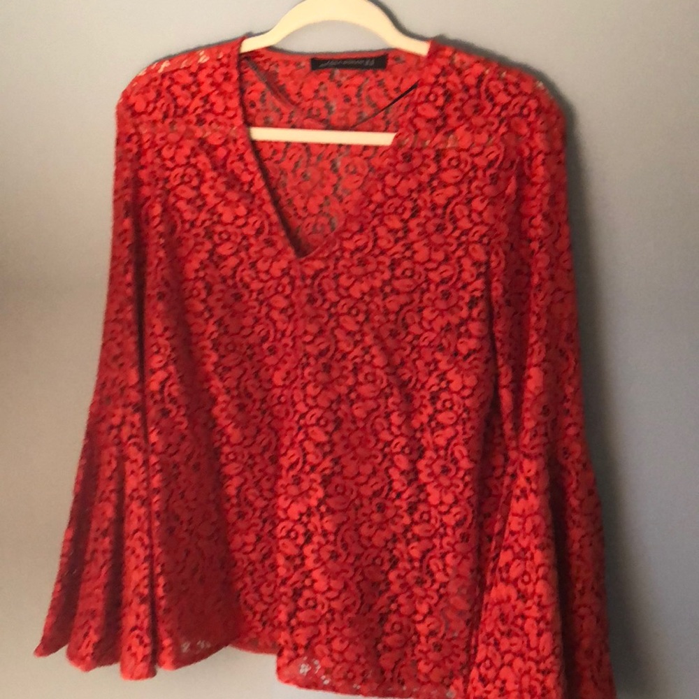 Burnt orange flare sleeve lace top
